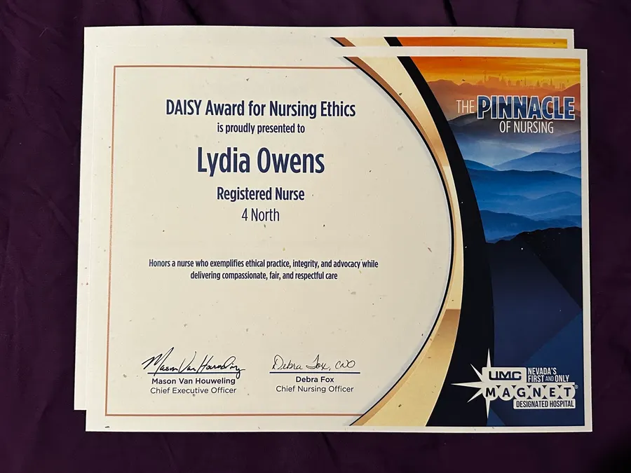 DAISY Award for Nursing Ethics certificate presented to Lydia Owens, Registered Nurse, 4 North, by University Medical Center of Southern Nevada.